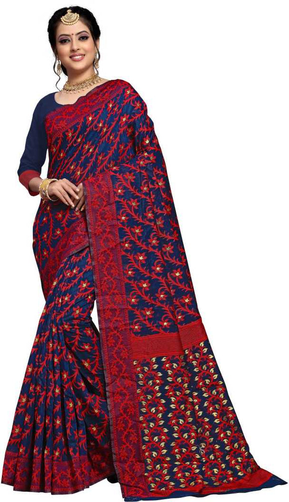 Floral Print Jamdani Cotton Silk Saree  (Multicolor) (4481844150352)